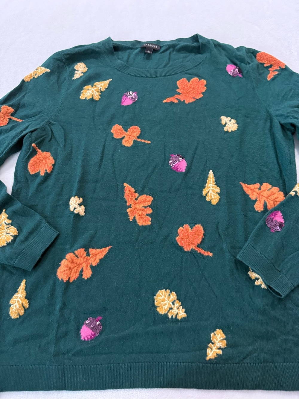 Talbots Sweater Womens M Emerald Green Knit Fall leaves Sequins Crew E01